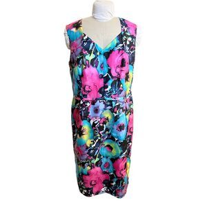 Kasper Bright Floral Sheath Dress Sleeveless V-Neck Sz. 16 Spring Easter Party